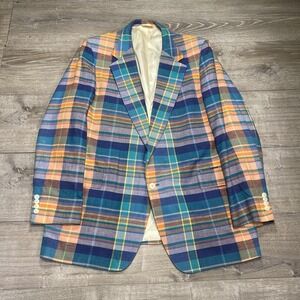 Vintage Lacrosse Blazer Mens 44 Long Madras Plaid Sport Coat USA Preppy 90s